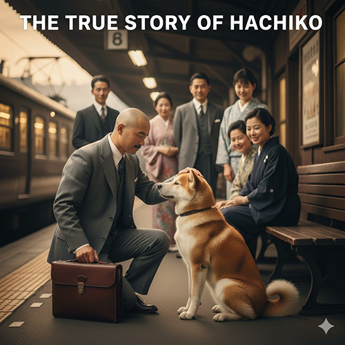 Giáo sư cúi chạm vào chó Akita Inu tại sân ga, tái hiện câu chuyện Hachiko