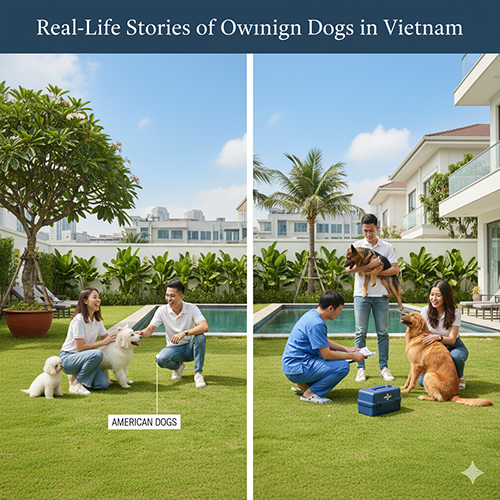 Hai cặp đôi cùng đàn chó ngoại trong sân vườn, một bên vui đùa huấn luyện, một bên bác sĩ thú y đang kiểm tra sức khỏe cho chó Golden.