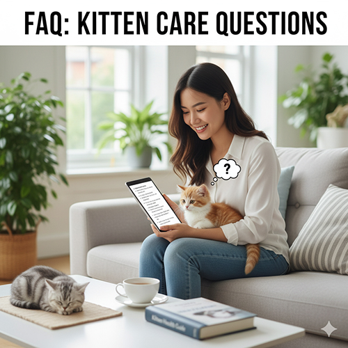 Người phụ nữ xem danh sách FAQ trên tablet, mèo Munchkin con nằm trong lòng và một bé khác ngủ trên ghế; bối cảnh phòng khách sáng sủa.
