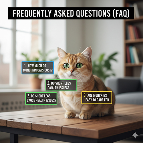 Mèo Munchkin màu vàng ngồi trên bàn gỗ, xung quanh hiển thị các câu hỏi phổ biến như giá mèo, sức khỏe, cách chăm sóc – thể hiện phần FAQ về giống mèo chân ngắn.
