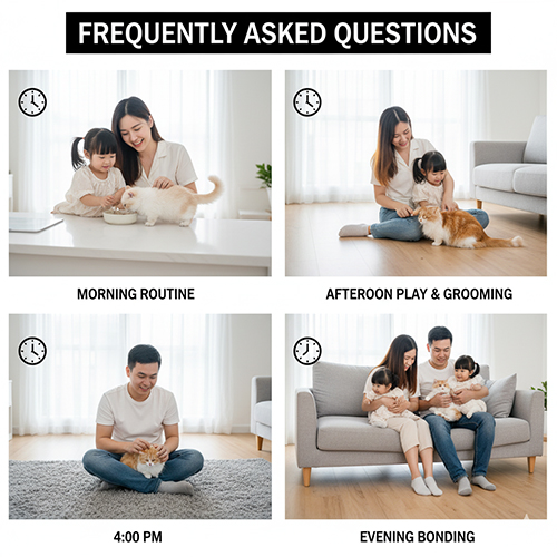 Bộ ảnh 4 khung minh họa lịch chăm sóc trong ngày của mèo Munchkin: buổi sáng cho ăn, chiều chơi và chải lông, 16h vuốt ve, tối quây quần; dùng cho mục FAQ.