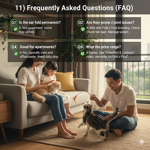Gia đình trẻ vui đùa cùng hai chú mèo trong phòng khách, bên cạnh là các khung câu hỏi FAQ về mèo tai cụp lai ta, bao gồm độ bền tai, rủi ro khớp, tính cách và giá bán.