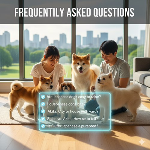 Gia đình trẻ đang chơi cùng ba chú chó Nhật Bản Akita và Shiba trong căn hộ sáng, với hộp thoại câu hỏi thường gặp hiện nổi bật