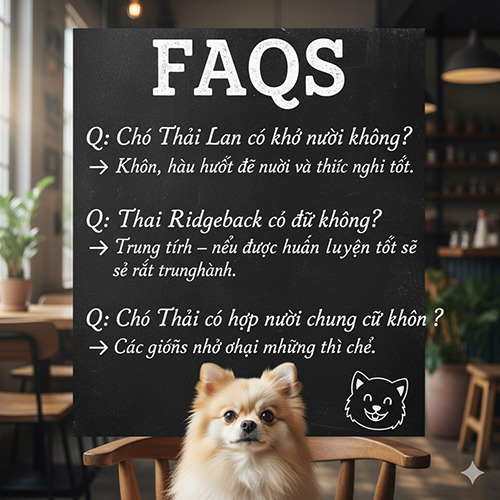 Một chú chó nhỏ giống Thái Lan ngồi trước bảng câu hỏi FAQs về việc nuôi chó Thái, mang phong cách dễ thương và gần gũi