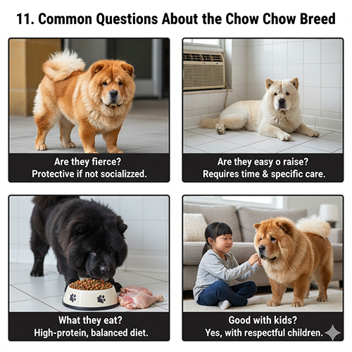 Bốn chú Chow Chow với các tình huống thường gặp: cảnh giác, nằm thư giãn, ăn thức ăn giàu đạm và tương tác cùng trẻ em