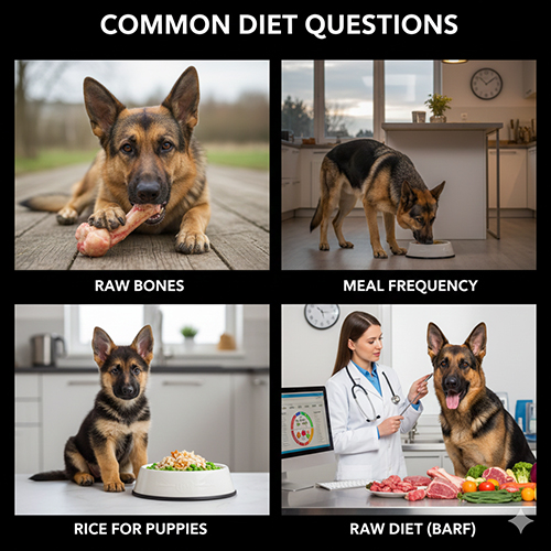 Những câu hỏi thường gặp về khẩu phần ăn cho chó Becgie Đức như ăn xương, số bữa và chế độ raw