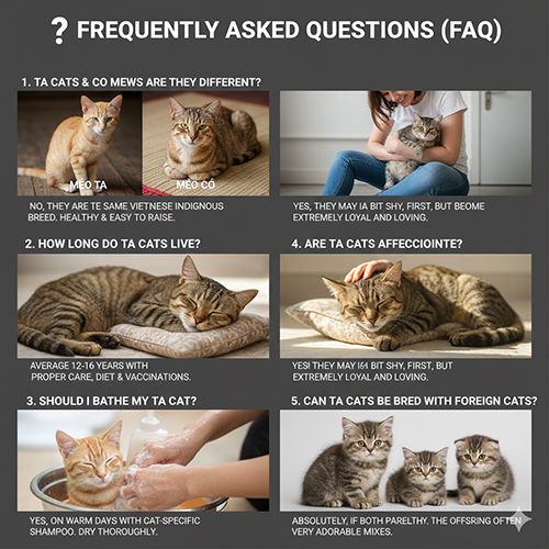 Câu hỏi thường gặp về mèo ta Việt Nam gồm tuổi thọ, tắm rửa, tính cách và khả năng lai giống