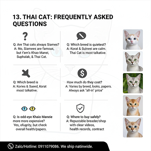 Infographic câu hỏi thường gặp về mèo Thái Lan gồm Khao Manee Korat Suphalak và Thai Cat