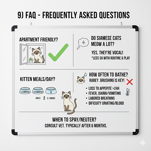 Câu hỏi thường gặp về mèo Xiêm – cách nuôi, số bữa ăn, tắm, triệt sản và dấu hiệu cần khám thú y