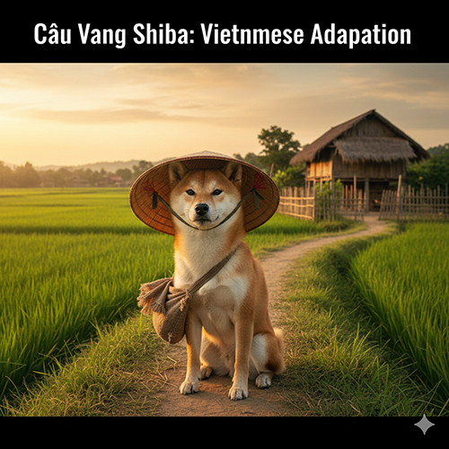 Chó Shiba Inu đội nón lá trong khung cảnh làng quê Việt Nam, hình ảnh Cậu Vàng Shiba