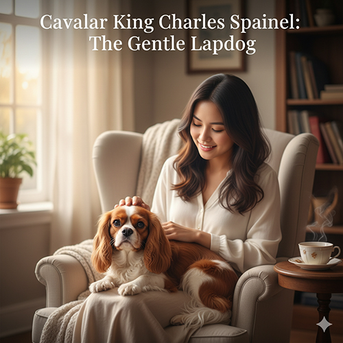 Chó Cavalier King Charles Spaniel ngồi trong lòng cô gái trên ghế sofa, ánh sáng ấm áp buổi sáng sớm