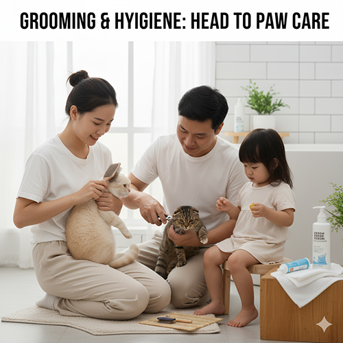 Gia đình chăm sóc mèo bằng cách chải lông, cắt móng và vệ sinh răng miệng cho hai bé mèo Scottish Fold trong phòng tắm sáng sủa.