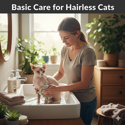 Cô gái đang tắm cho mèo Sphynx trong bồn rửa, minh họa chăm sóc cơ bản cho mèo không lông