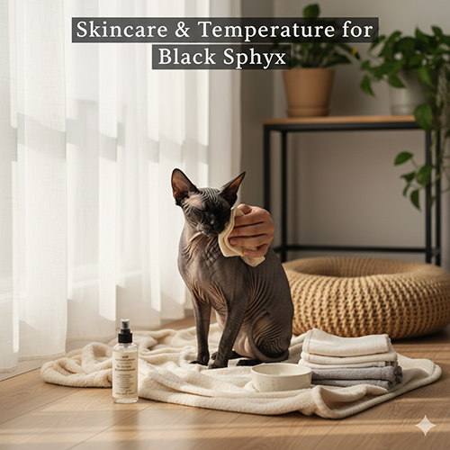 Mèo Sphynx đen được lau da bằng khăn mềm trong phòng sáng nhẹ, có khăn tắm và sản phẩm chăm da đặt cạnh