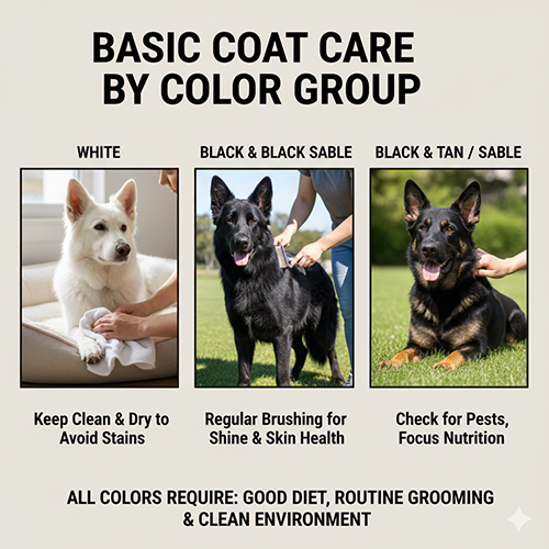 Ba nhóm Becgie trắng, đen và đen–vàng/sable được minh họa với hướng dẫn chăm lông cơ bản theo từng màu.
