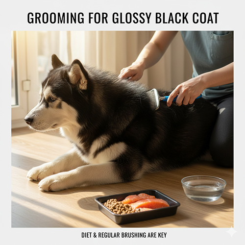 Chó Alaska Malamute đen trắng được chải lông trong nhà với ánh sáng tự nhiên, bộ lông dày và bóng khỏe