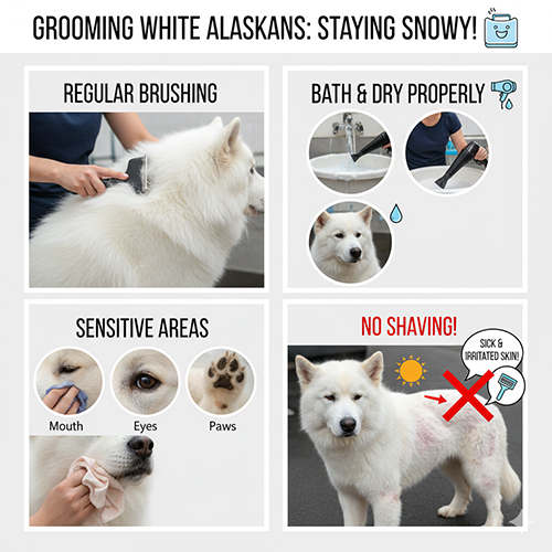 Hướng dẫn chăm lông cho chó Alaska trắng gồm chải lông, tắm sấy và vệ sinh các vùng nhạy cảm