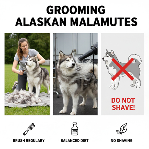 Hướng dẫn chăm sóc lông chó Alaska xám trắng gồm chải lông, sấy khô và khuyến cáo không cạo lông