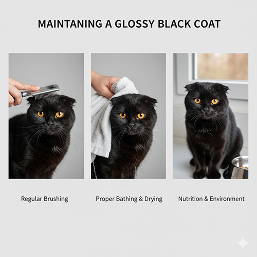 Ba khung ảnh Scottish Fold đen được chải, lau khô và ngồi cạnh cửa sổ; minh họa quy trình chăm “áo đen” bóng sạch