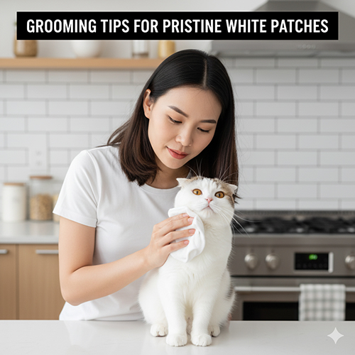 co gai lau sach vung cam cho meo scottish fold bicolor trong bep, minh hoa meo giu mang trang luon sang