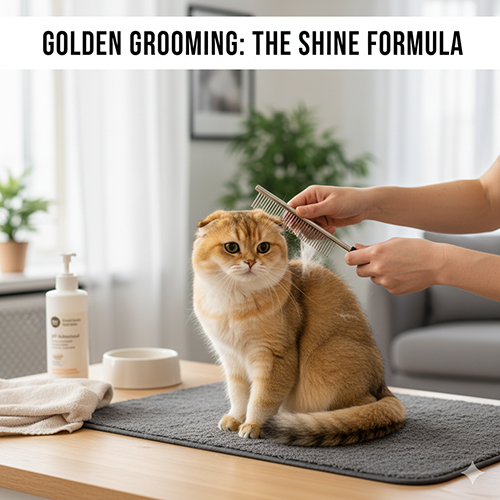 Mèo Scottish Fold golden được chải lông trên khăn xám cạnh cửa sổ; chai dầu tắm đặt bên cạnh, minh họa chăm lông sạch–khô–tơi.