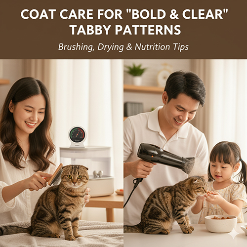 Gia đình chải, sấy và cho mèo Scottish Fold tabby ăn để giữ lông bóng mượt, pattern rõ nét.