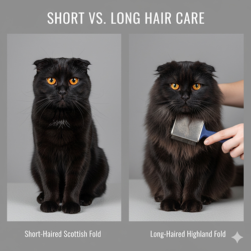 So sánh Scottish Fold đen lông ngắn và Highland Fold đen lông dài; một bên ngồi gọn gàng, bên kia được chải bằng slicker brush