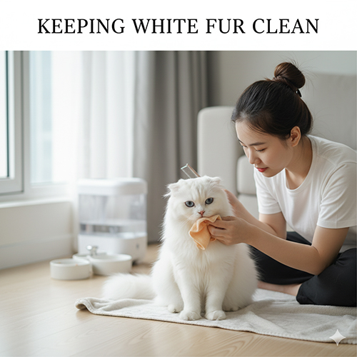 Cô gái lau miệng cho mèo tai cụp trắng (Scottish Fold) bằng khăn mềm trong phòng sáng sạch sẽ.