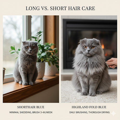 so sánh mèo scottish fold xám lông ngắn và highland fold xám lông dài cùng mẹo chải tắm sấy phù hợp khí hậu việt nam