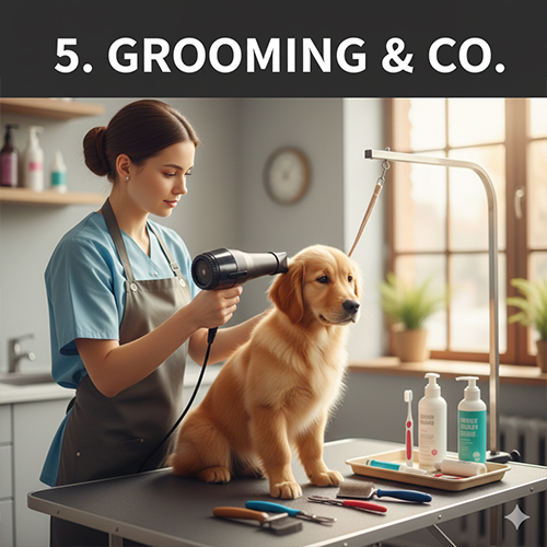 Chăm lông và grooming cho chó với sấy khô, cắt tỉa và dụng cụ vệ sinh cơ bản