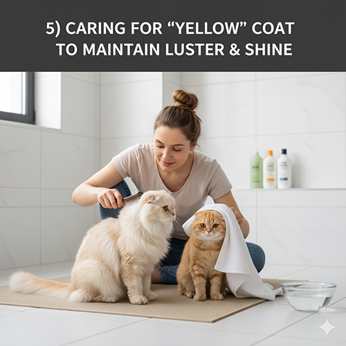 Cô gái chăm hai mèo Scottish Fold màu vàng (một lông dài, một lông ngắn) trong phòng tắm; chải lông và lau khô cạnh tô nước.