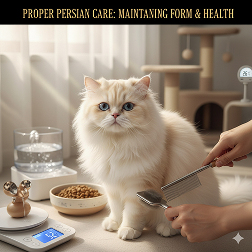 Mèo Ba Tư được chải lông và chăm sóc trong không gian sạch – mát, minh họa routine giữ form và sức khỏe.