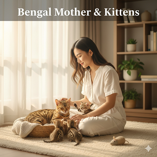 Người phụ nữ ngồi vuốt ve mèo Bengal mẹ cùng đàn con nhỏ trong căn phòng ấm cúng, ánh sáng tự nhiên.