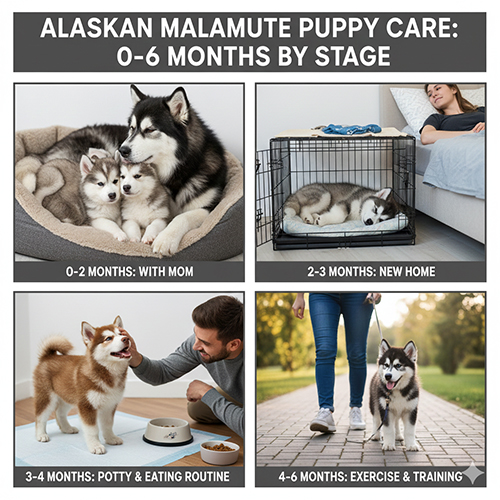 Các giai đoạn chăm sóc chó Alaska con từ 0 đến 6 tháng tuổi theo từng mốc phát triển
