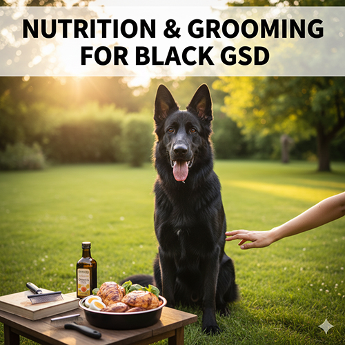 Ảnh chó Becgie đen ngồi ngoài vườn với khay thức ăn và đồ chải lông