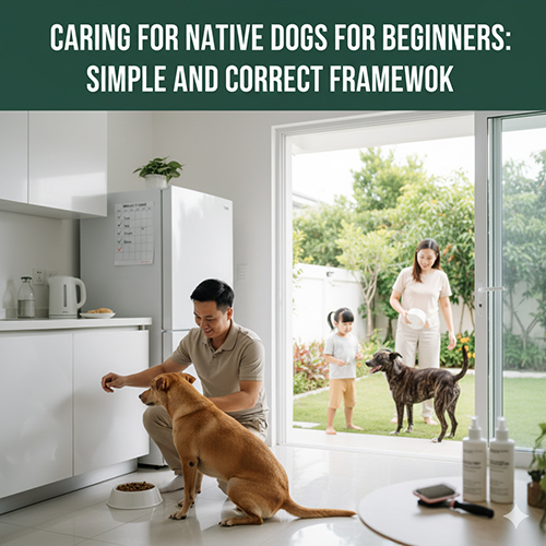 Gia đình Việt Nam chăm sóc chó cỏ trong nhà và sân vườn, thể hiện khung chăm sóc đơn giản, đúng cách cho người mới bắt đầu nuôi chó bản địa.