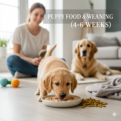 Chăm sóc chó con 4 đến 6 tuần tuổi khi bắt đầu ăn dặm và cai sữa
