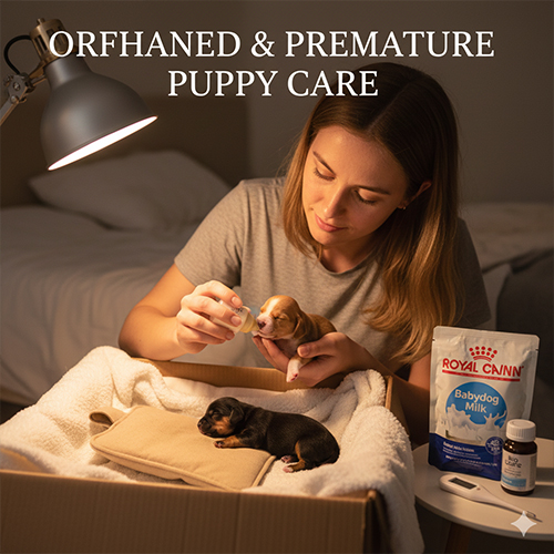 Chăm sóc chó con mất mẹ hoặc sinh non với ổ ấm và bú sữa nhân tạo
