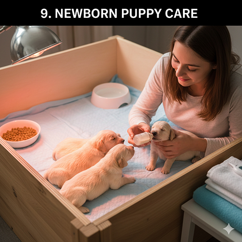 Chăm sóc chó con sơ sinh trong ổ ấm với bú sữa và giữ nhiệt đúng cách