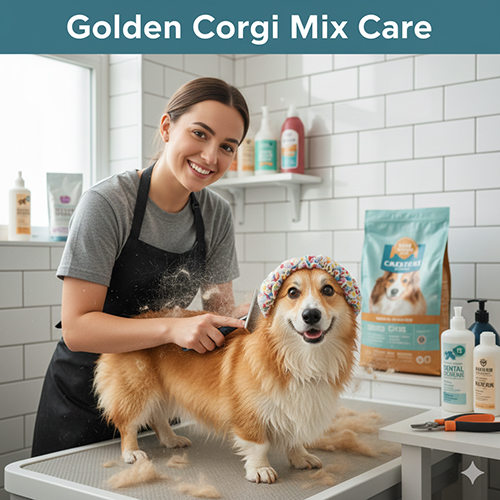 Chó Golden lai Corgi được cô gái chải lông trên bàn grooming, đội mũ tắm dễ thương, minh họa cách chăm sóc lông và vệ sinh hàng ngày