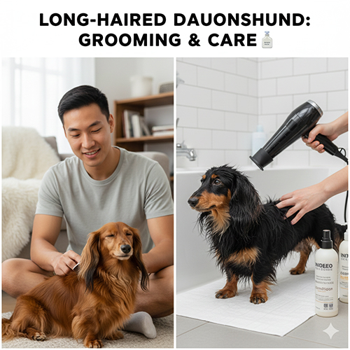 Hai chú Dachshund lông dài được chải lông và sấy lông sau khi tắm