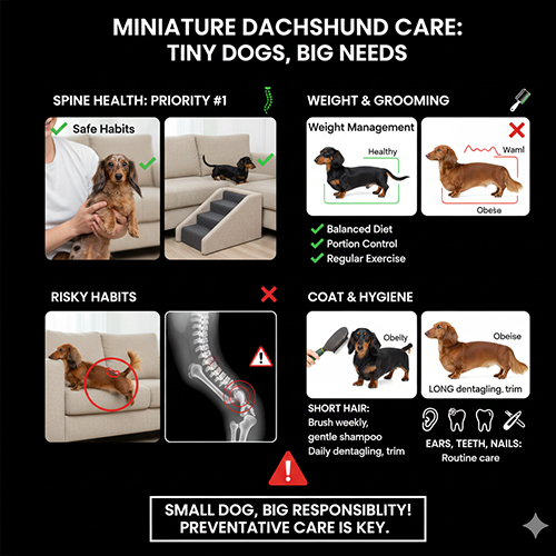 Infographic hướng dẫn chăm sóc chó Lạp xưởng mini hằng ngày, nhấn mạnh bảo vệ xương sống, kiểm soát cân nặng và chăm lông da
