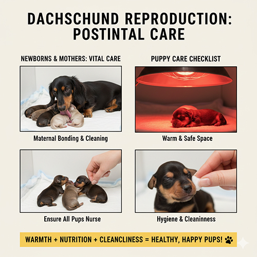 Infographic chăm sóc chó Lạp xưởng sau sinh và đàn con sơ sinh