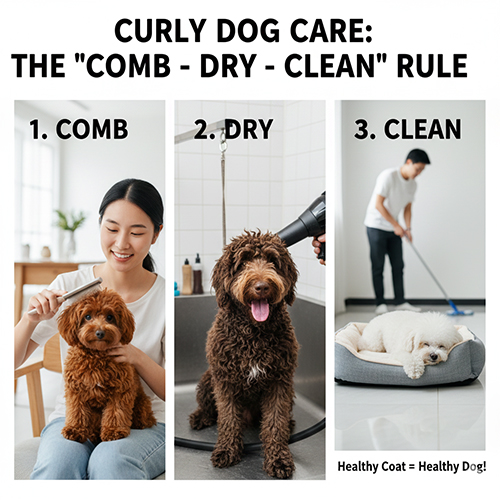 Quy trình chăm sóc chó lông xoăn gồm chải lông, sấy khô và giữ môi trường sạch