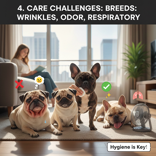 Chăm sóc chó mặt xệ nhỏ với nếp nhăn, mùi và vấn đề hô hấp trong căn hộ