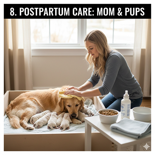Chăm sóc chó mẹ sau sinh và đàn chó con trong ổ đẻ ấm áp