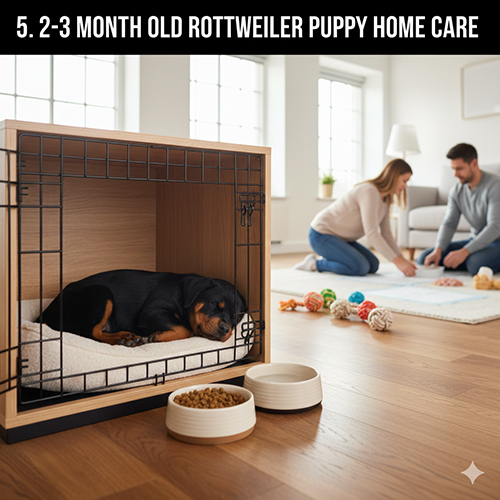 Chó Rottweiler con 2–3 tháng tuổi ngủ trong chuồng, sinh hoạt cùng gia đình tại nhà