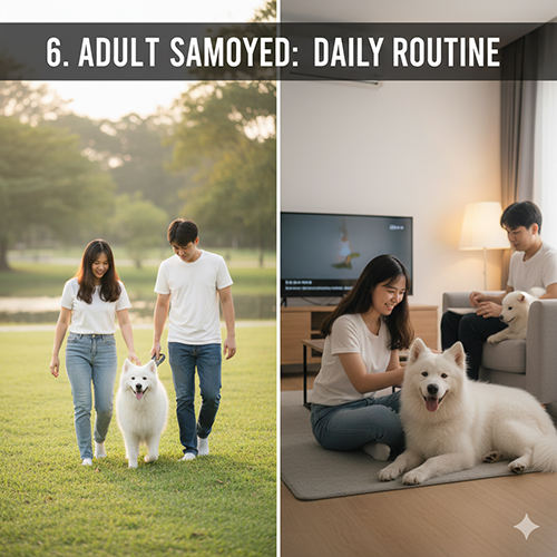 Chăm sóc chó Samoyed trưởng thành với lịch sinh hoạt và vận động hằng ngày