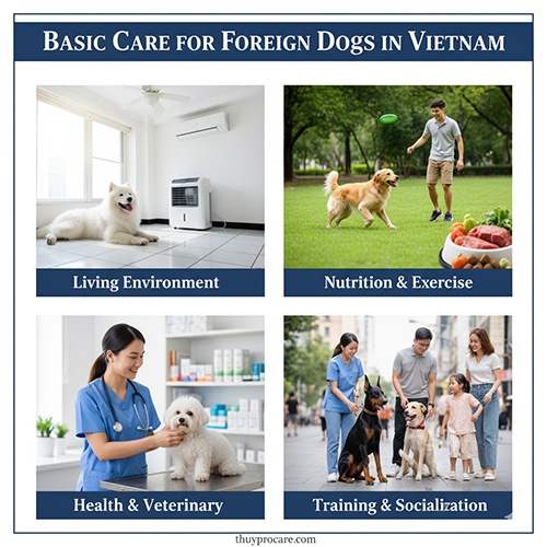 Bốn hình minh họa chăm sóc chó ngoại gồm: chó nằm phòng điều hòa, người chơi với chó ngoài công viên, bác sĩ thú y kiểm tra sức khỏe, và huấn luyện chó giao tiếp.