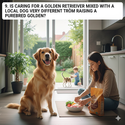 Golden lai chó cỏ ngồi trong bếp, chủ chuẩn bị đồ ăn cho chó